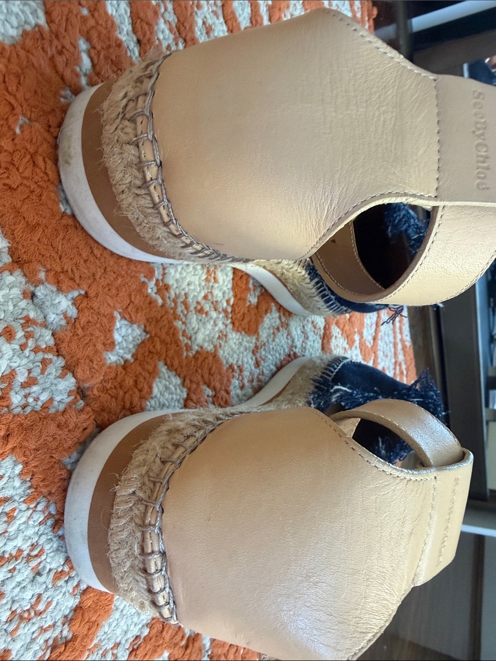 See By Chloe Navy Denim and Tan Espadrille Ankle-Strap Flats - Picture 6 of 11